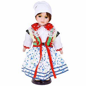 Porcelánová panenka v kroji s bílým šátkem 41cm